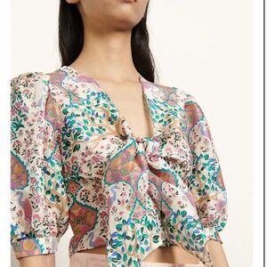 NWOT ♡ Sandro Paris ♡ Iram Linen and Shantung Silk Blend Cropped Blouse - Size 6